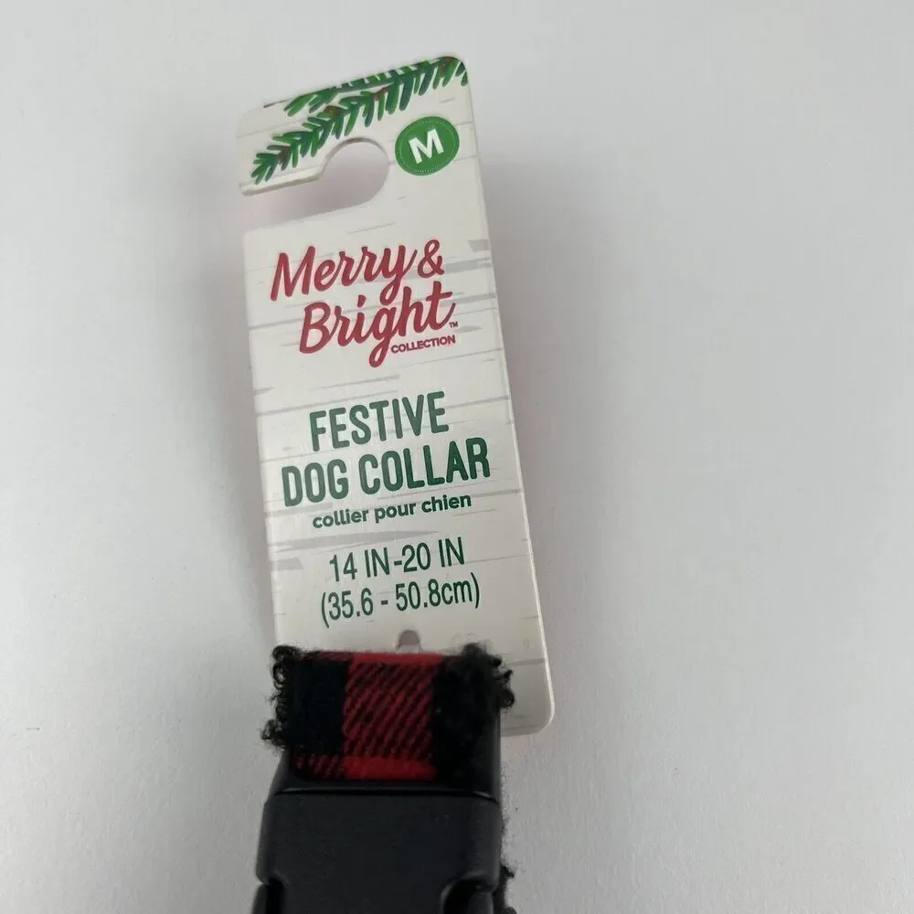 Merry & Bright Adjustable Holiday Themed Dog Collar.  Red & Black Plaid Size M